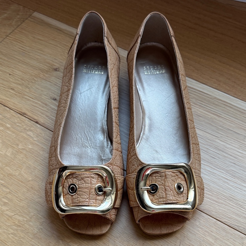 Stuart Weitzman Tan Flats with Gold Buckle